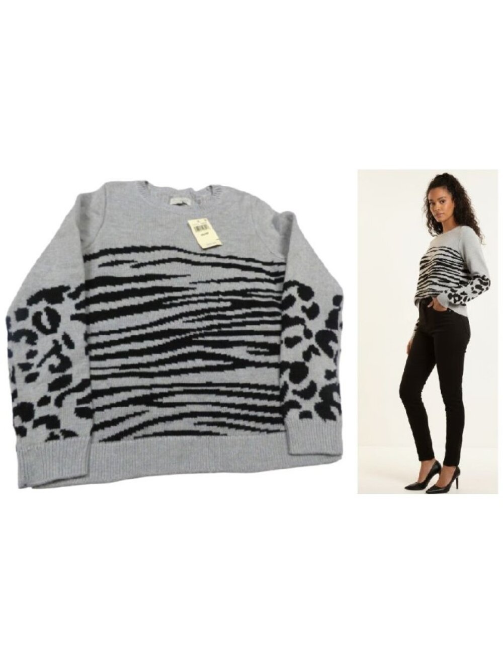 Lucky Brand Mixed Animal-Print Sweater, Gray, Size XS